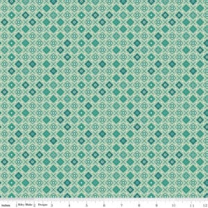 May include: A patterned fabric featuring a repeating floral design in shades of teal and green on a light green background. The design includes small white dots and cross-like shapes. The fabric is measured in inches.