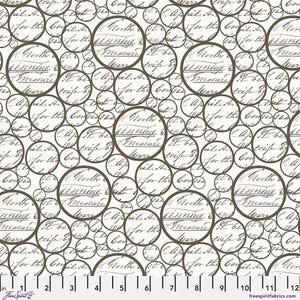 May include: Cream-colored fabric with a repeating pattern of overlapping circles in varying sizes. Each circle contains handwritten script in a dark brown color. The fabric has a vintage or antique aesthetic.