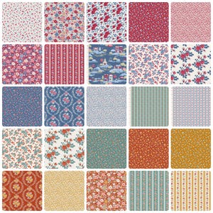 Può includere: Una collezione di venti campioni di tessuto quadrati con motivi diversi, tra cui stampe floreali, righe e una scena di villaggio invernale. La tavolozza dei colori include tonalità di rosso, blu, verde, giallo e crema con motivi botanici.