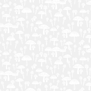 May include: A repeating pattern of white mushrooms on a light gray background. The mushrooms vary in size and shape, with detailed caps and stems. The design creates a whimsical, nature-inspired aesthetic, suitable for fabric or wallpaper.