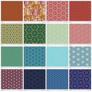 Könnte beinhalten: Ein Raster aus sechzehn Stoffmustern, jedes mit einem einzigartigen geometrischen Muster. Die Farben reichen von warmen Orange- und Rottönen bis hin zu kühlen Blau- und Grüntönen. Muster umfassen Blumen-, Stern- und abstrakte Designs. Jedes Muster hat einen Lineal am unteren Rand.