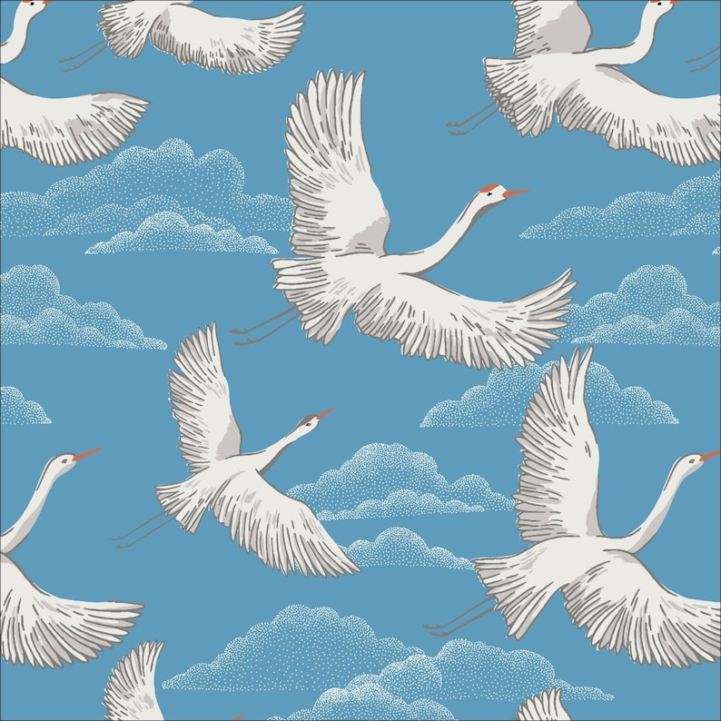May include: A seamless pattern featuring white cranes flying against a blue sky with white clouds. The cranes are drawn in a vintage style with detailed feathers and long necks.