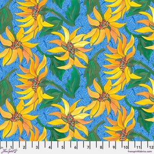 May include: A vibrant fabric featuring a repeating pattern of large yellow sunflowers with orange centers and green leaves against a light blue background. The sunflowers are painted with detailed brushstrokes.