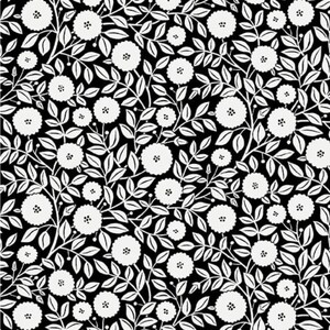 May include: A repeating pattern featuring white floral and leaf designs on a black background. The flowers are round with a textured center, and the leaves are elongated and detailed. This design is suitable for fabric or wallpaper.