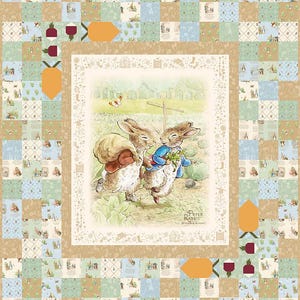 May include: A patchwork quilt featuring a central illustration of two rabbits from the Peter Rabbit series. The quilt has a border of squares in shades of blue, tan, and green, with carrot and radish appliqués. The illustration includes the text "Peter Rabbit by Benjamin Bunny."