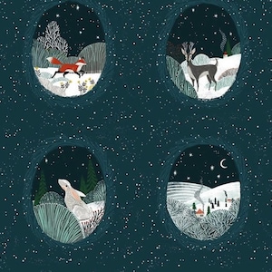 May include: A dark teal fabric pattern featuring eight oval vignettes of winter scenes. The illustrations include a bear, a fox, a deer, an owl, a cardinal, a rabbit, a snowy landscape with a cabin, and a raccoon, all set against a snowy background.