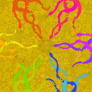 May include: A colourful illustration of snakes in a variety of hues, including red, orange, yellow, green, blue, and purple. The snakes are set against a gold floral backdrop, creating a striking and eye-catching design.