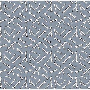 May include: A seamless pattern of white bones on a light blue background. The bones are in various sizes and orientations, creating a playful and whimsical design.