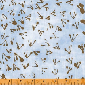 May include: A blue fabric with a repeating pattern of brown frog footprints. The fabric is measured in inches.