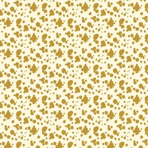 May include: A repeating pattern of mustard-colored splatters on a cream-colored background. The splatters vary in size and density, creating a textured, abstract design. This pattern is suitable for various applications, including fabric, wallpaper, or digital art.