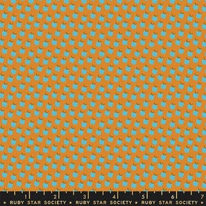 Pode incluir: Tecido laranja com um padrão repetido de pequenas formas de maçã azul com caules castanhos. O texto "RUBY STAR SOCIETY" é impresso na parte inferior da imagem.