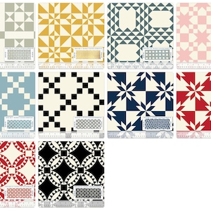 Pode incluir: Uma coleção de 10 padrões de tecido diferentes com designs geométricos em várias cores, incluindo preto, branco, vermelho, azul, amarelo e cinza. Os padrões são organizados em um formato de grade.