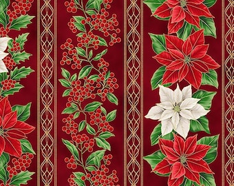 Metallic Blooming Holidays - Scarlet Gold Stripe - By Hoffman Fabrics - Sold By The Yard - In Stock And Ships Today