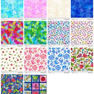 Puede incluir: Una colección de 12 muestras de tela con varios patrones coloridos. Los patrones incluyen mariposas, abejas, flores y diseños geométricos. Las muestras están dispuestas en un formato de cuadrícula.
