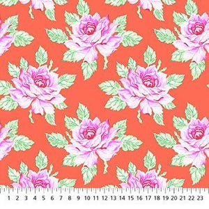 May include: A colourful fabric with a repeating pattern of large pink and white roses with green leaves against a coral background. A ruler is at the bottom, showing measurements in inches.