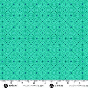 May include: A teal fabric with a repeating geometric pattern of circles and lines. The design features concentric circles connected by straight lines, creating a grid-like structure. The fabric has a ruler along the bottom with the Andover Fabrics logo.