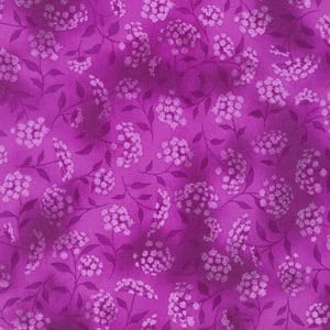 May include: A vibrant fabric with a repeating floral pattern. The design features clusters of small, white flowers and dark purple leaves and stems against a deep magenta background. The overall effect is a textured, botanical print.