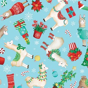 May include: A repeating pattern on a light blue background features festive llamas adorned with holiday decorations. The design includes snowflakes, gift boxes, candy canes, poinsettias, and Christmas trees, creating a cheerful seasonal theme.