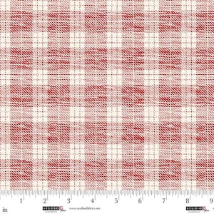 May include: Red and cream plaid fabric with a textured appearance. The pattern features a grid of intersecting lines, creating a classic check design. The fabric is suitable for various sewing and crafting projects.