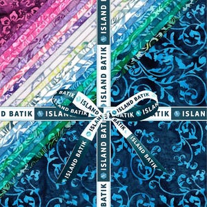 May include: A stack of square fabric pieces featuring batik patterns in a gradient of colors ranging from deep purple and pink to light blue, teal, and dark navy blue. The stack is tied with a white ribbon printed with the text ISLAND BATIK.