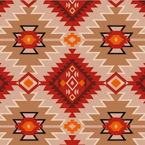 May include: A repeating pattern featuring geometric shapes in shades of red, orange, brown, and beige. The design includes zigzags, diamonds, and stylized geometric motifs, creating a Southwestern or Native American-inspired aesthetic.