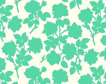 May include: A fabric featuring a repeating pattern of turquoise rose silhouettes on a cream background. The roses have detailed petals and are accompanied by leaves and stems. A ruler along the bottom edge shows measurements in inches, equivalent to centimetres.