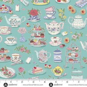 Nachmittagstee - Teal Tea Time - Von Makower UK für Andover Fabrics - Wird als Meterware verkauft und ununterbrochen geschnitten
