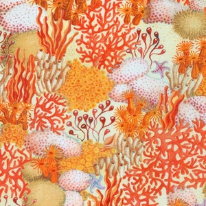 Peut inclure: Illustration détaillée d'un récif corallien. L'image présente diverses formations coralliennes dans des tons orange, rouge et jaune, avec des touches de rose et de bleu. La composition est dense, mettant en valeur les textures et les formes complexes de l'écosystème sous-marin.