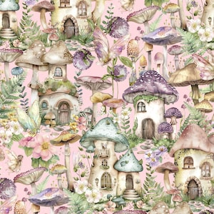 May include: A repeating pattern on a light pink background featuring various mushroom-shaped houses with arched wooden doors and windows, interspersed with detailed illustrations of colorful butterflies, small fairies, ferns, and wildflowers.