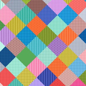 Puede incluir: Un colorido patrón de patchwork con una variedad de formas y texturas geométricas. El diseño incluye cuadrados en tonos de rosa, naranja, verde, azul y morado, con patrones como puntos, rejillas y triángulos. Adecuado para tela o papel pintado.