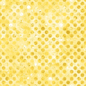 May include: A repeating pattern featuring yellow circles arranged in a grid on a textured, light yellow background. The circles exhibit varying degrees of opacity and a distressed, weathered appearance, creating a layered visual effect.