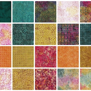 Könnte beinhalten: Eine Sammlung von zwanzig Stoffquadraten, die jeweils ein einzigartiges Batik-Design zeigen. Die Quadrate weisen eine Vielzahl von Farben auf, darunter Türkis, Gold, Orange und Rosa, mit komplizierten Mustern aus Wirbeln, floralen Motiven und geometrischen Formen.