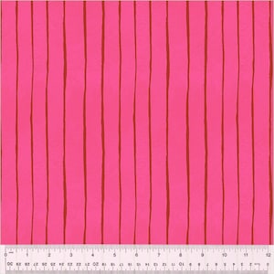 May include: Pink fabric with vertical brown stripes. The stripes are uneven and have a hand-painted look.