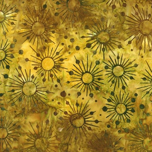 May include: A seamless pattern featuring a repeating design of stylised sunbursts in shades of brown and yellow on a yellow background.