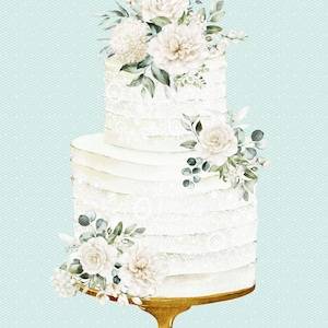 May include: A two-tiered white cake with lace detailing and floral accents, set on a gold-colored stand. The cake is adorned with white roses, peonies, and greenery. The background is a light blue with a subtle dotted pattern.