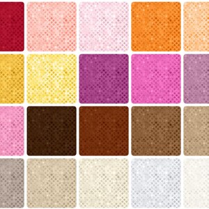 May include: A collection of twenty square fabric swatches arranged in a grid, each featuring a consistent repeating pattern of small, light-colored dots against a solid background in various colors including red, pink, orange, yellow, purple, brown, and white.