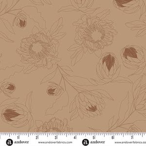 May include: Tan fabric with a repeating floral pattern. The design features large, detailed flowers and buds in a darker brown outline, set against a solid tan background. The fabric has a ruler along the bottom edge.