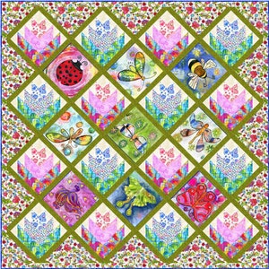 May include: A colorful quilt with a diamond pattern featuring various insects and flowers. The quilt is made with a variety of fabrics and colors, including pink, green, blue, and yellow. The quilt is perfect for adding a touch of whimsy to any room.