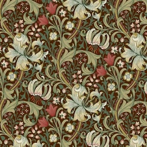 May include: A repeating textile pattern featuring large cream-colored lilies with intricate line work, interspersed with smaller red bell-shaped flowers and sage green foliage, all set against a deep chocolate brown background.