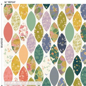 May include: A white fabric with a repeating pattern of colorful, stylized leaves. The leaves are arranged in a staggered pattern and have a variety of floral and geometric designs. The fabric is 36 inches wide and has a selvage edge.