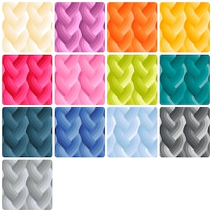 Puede incluir: Doce imágenes cuadradas que presentan un patrón trenzado en varios colores. La paleta incluye tonos de amarillo, morado, naranja, rosa, verde, turquesa, azul y gris. Cada imagen muestra el mismo diseño trenzado, pero con una combinación de colores única.