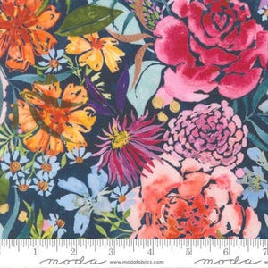 May include: A fabric with a dark blue background featuring a vibrant floral pattern. The design includes large, watercolor-style flowers in shades of orange, pink, purple, and blue, with green leaves. The fabric has a textured appearance.