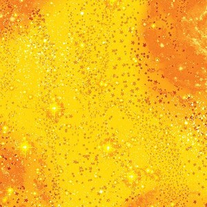 May include: A vibrant, abstract background with a golden yellow and orange gradient. The image is filled with sparkling stars and glitter, creating a festive and celebratory feel. The overall effect is bright and luminous.