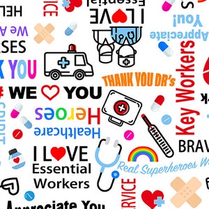 Puede incluir: Un fondo blanco con texto colorido e ilustraciones que celebran a los trabajadores esenciales. El texto incluye "Amo a los trabajadores esenciales", "Trabajadores clave", "Gracias a los doctores", "Superhéroes reales" y "Te queremos". Las ilustraciones incluyen un arcoíris, un estetoscopio, un botiquín de primeros auxilios, un termómetro, una venda y una píldora.