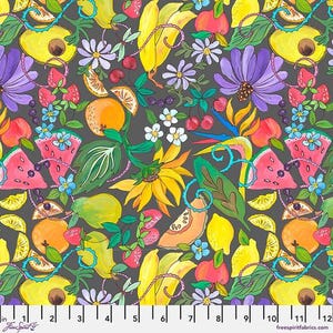 May include: A colorful fabric pattern featuring a variety of fruits and flowers on a dark gray background. The design includes bananas, watermelons, lemons, oranges, strawberries, and sunflowers, with a ruler at the bottom. The fabric is from FreeSpirit Fabrics.