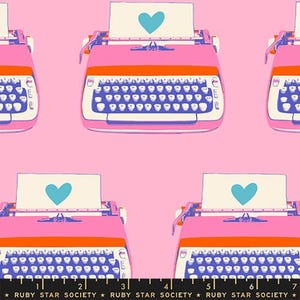 May include: A repeating pattern featuring pink typewriters with orange accents and blue keyboards on a pink background. Each typewriter has a paper with a blue heart. The text "RUBY STAR SOCIETY" is at the bottom.