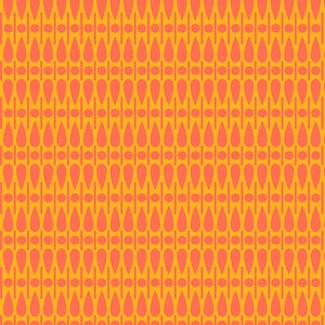 May include: A repeating pattern with a yellow backdrop, showcasing an arrangement of orange teardrop shapes, vertical lines, and circles. The design is symmetrical, forming a visually appealing texture, ideal for textiles or wallpaper.