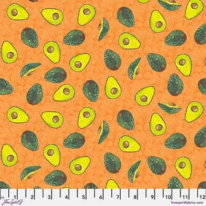 May include: Orange fabric with a repeating pattern of green and yellow avocados. Some avocados are whole, while others are sliced, revealing a brown pit. The fabric is suitable for quilting and other craft projects.