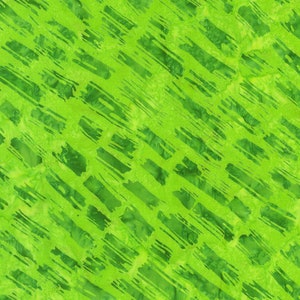 May include: Bright green fabric with a diagonal pattern of darker green brushstrokes. The fabric has a textured appearance, with variations in color and tone. This textile is suitable for various craft projects.