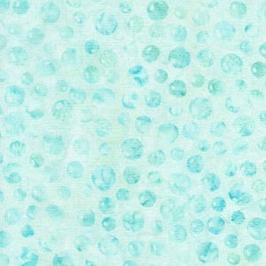 May include: A fabric with a light blue background and scattered, varying-sized, teal-colored circles. The circles have a watercolor effect, with lighter and darker shades of teal, creating a bubbly or aquatic pattern. The fabric has a slightly textured appearance.